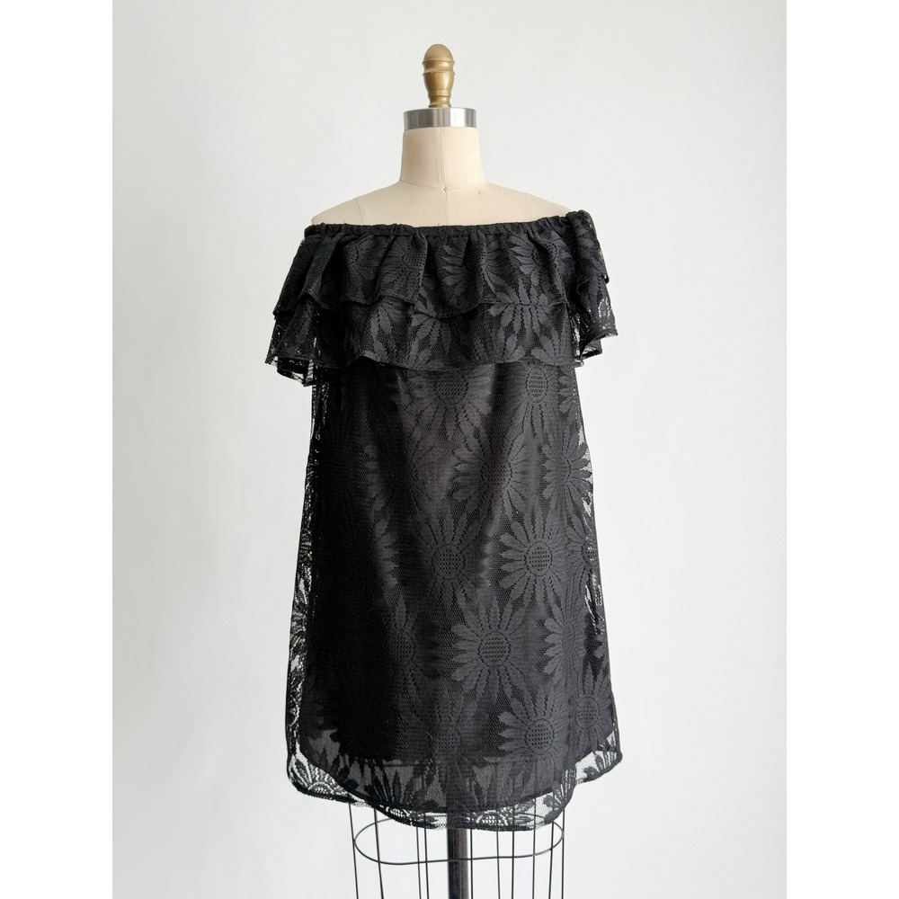 Jade Melody Tam Lace Off Shoulder Ruffle Mini Dress S Black Sunflower Floral LBD
